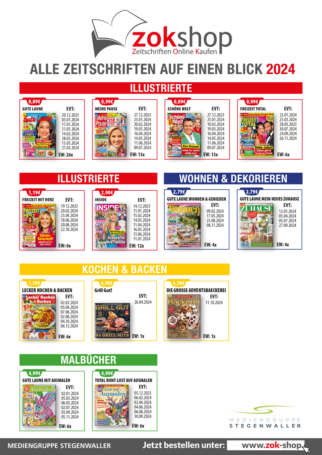 Jahresübersicht Illustrierte, Kochen, Backen, Wohnen und Deko, Malbücher